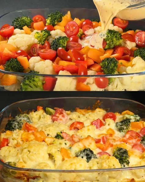 Vegetable Casserole with Sauce - Greenku Recipes Keto Vegtables Dishes, Casserole With Fresh Tomatoes, Oven Vegetables Recipes, Vegetable Supper Ideas, Healthy Veggie Casserole Recipes, Recipes With Fresh Ingredients, Broccoli Cauliflower Recipes Healthy, Fresh Bell Pepper Recipes, Baked Veggie Casserole