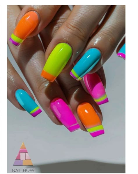 Fun Colourful Nails, Miami Vice Nails, Neon Nail Designs 2024, Neon Summer Nails Designs, Orange And Hot Pink Nails, Bright Pink And Orange Nails, Orange And Blue Nails Design, Pink And Lime Green Nails, Fun Neon Nails