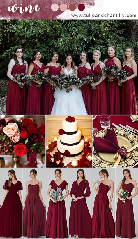 Red Wine Bridesmaid Dresses Fall Wedding, Claret Bridesmaid Dresses, Red Wine Bridesmaid Dresses, Black And Wine Wedding Colors, Burgandy Bridesmaids Dresses, Crimson Bridesmaid Dresses, Cabernet Wedding Colors, Wine Colored Bridesmaid Dresses, Burgandy Bridesmaids Dress