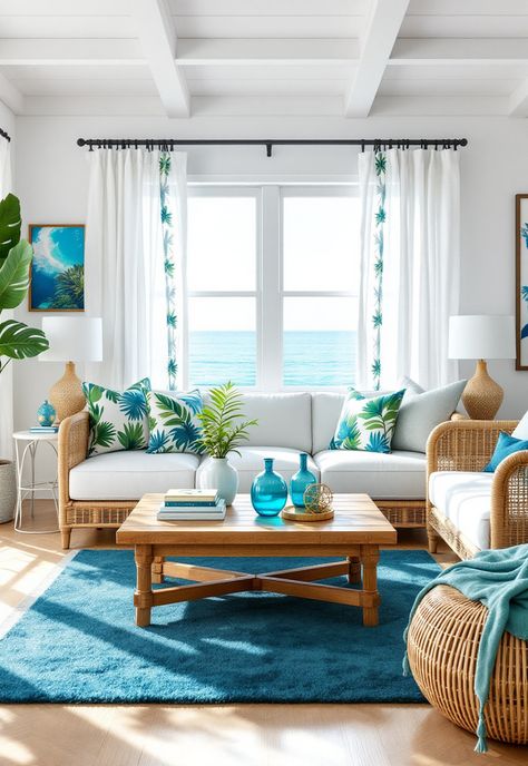 Coastal Living Room Yellow And Blue Coastal Living Room, Blue Tropical Living Room, Beachy Glass Coffee Table, Living Room Ocean View, Elegant Coastal Living Room, Coastal Stained Glass Windows, Coastal Living Room Ideas, Coastal Living Rooms, Coastal Living Room