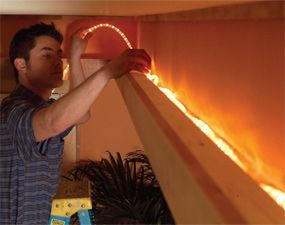 DIY Soffit box for flood lights and/or rope lighting (my dad has made these, and they are very ambient and cool) How To Add Recessed Lighting, Diy Recessed Lighting, Lights On Ceiling, Rope Lighting, Led Rope Lights, Led Rope, Rope Lights, Theatre Room, Rope Light