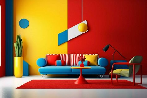 Red Blue Yellow Color Scheme, Red Yellow Blue Color Palette, Home Recording Studio Setup, Recording Studio Setup, Yellow Colour Scheme, Home Recording Studio, Modern Color Palette, Duplex House, Studio Setup