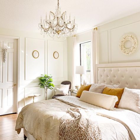 Jaye | Home Decor (@jayehomedecor) • Instagram photos and videos Modern French Master Room, Bedroom With Wainscoting Master, Dove White Bedroom, Bedroom Trim Ideas, Wainscoting Around Windows, Wainscoting Bedroom Master, Parisienne Bedroom, Bedroom Trim, Earthy Apartment