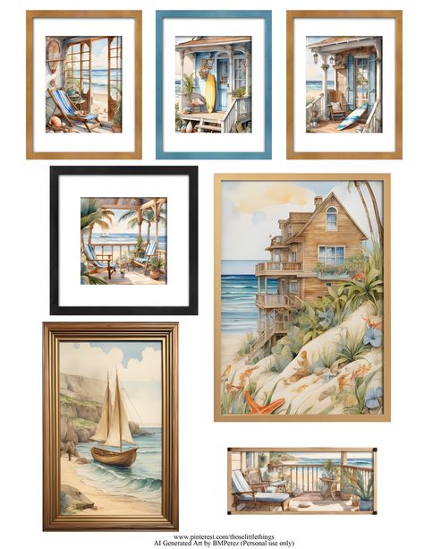 Printable Barbie Dollhouse Miniatures 1:6 Scale - AI Art Beach House Ocean Watercolor Paintings Framed Art Dollhouse Decor 1/6 Scale - Free Digital Collage Sheet - Free Printable #freeprintable #printableminiatures #printabledollhouseminiatures #aigeneratedart #beachhouse #miniaturebeachhouse #casadeplaya #barbiehousedecor Printable Barbie, Barbie House Furniture, House Watercolor, Ocean Watercolor, Barbie Dollhouse, Miniature Ideas, Dollhouse Printables, Miniature Printables, 1 6 Scale