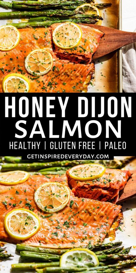 This Glazed Honey Dijon Roasted Salmon and asparagus is super easy to make and cooks in just 8 minutes! It's stunning enough for entertaining but easy enough for family dinners too. It's the perfect gluten free, dairy free, paleo, and healthy recipe to make when you're bored with the usual dinners. Dairy Free Salmon Recipes, Gluten Free Salmon Recipes, Honey Dijon Salmon, Paleo Salmon Recipe, Gluten Free Fish Recipes, Gluten Free Dairy Free Dinner, Salmon With Asparagus, Dijon Salmon, Tender Asparagus