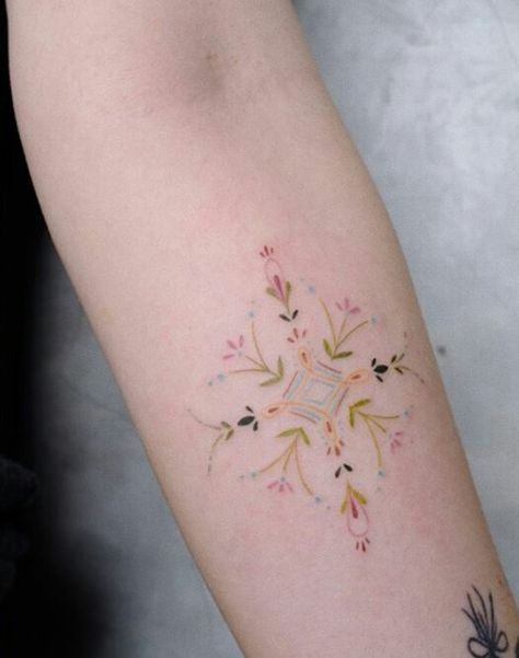 Ornamental Tattoo Color, Rainbow Flower Tattoo, Pastel Tattoo, Flower Wrist Tattoos, 4 Tattoo, Tasteful Tattoos, Subtle Tattoos, Elegant Tattoos, Feminine Tattoos