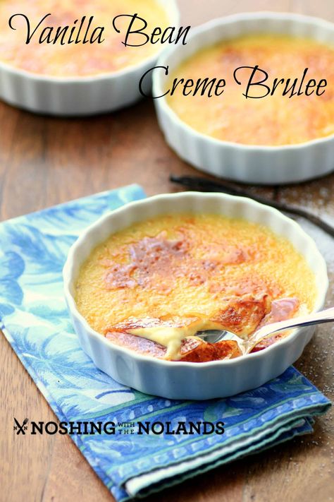 Vanilla Bean Creme Brulee by Noshing With The Nolands Caramel Creme Brulee Recipe, Coconut Creme Brulee, Vanilla Bean Creme Brulee, Caramel Creme Brulee, Coconut Creme, Cream Brulee, Brulee Recipe, Creme Brulee Recipe, Honey Caramel