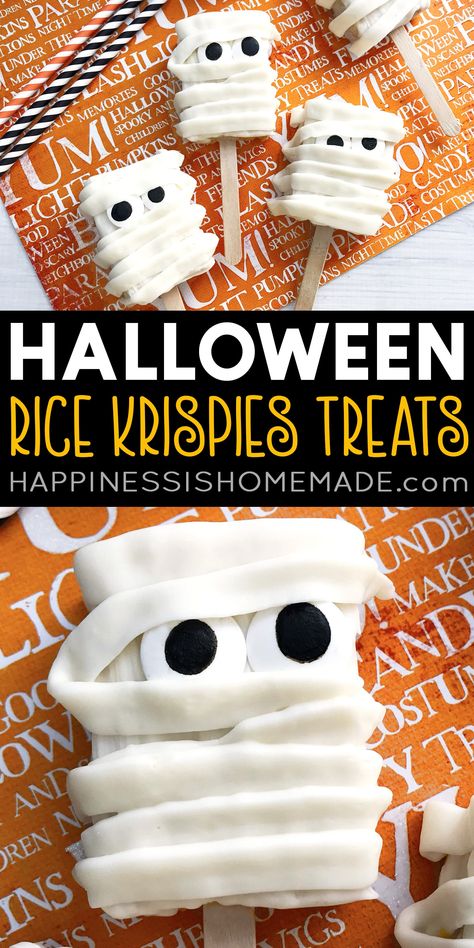 Mummy Halloween Rice Krispies Treats Halloween Rice Crispy Treats, Treats For Friends, Halloween Rice Krispies, Krispie Treats Christmas, Mummy Treats, Pumpkin Rice Krispie Treats, Rice Krispie Treats Christmas, Easter Rice Krispie Treats, Halloween Rice Krispie Treats