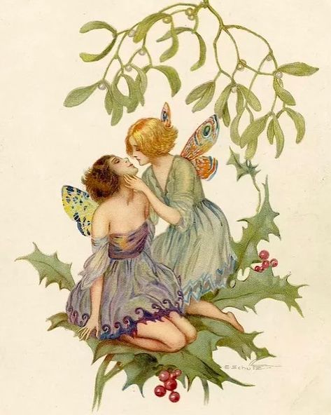 Sapphic Art, History, & More ⚢ on Instagram: “Two Butterfly Fairies Kissing on Holly Branch (ca. 1920) by Erich Schütz🌿 #art” Holly Branch, Lesbian Art, Fairy Tattoo, Fairy Aesthetic, Butterfly Fairy, Fairytale Art, Forest Fairy, Ethereal Art, Fairy Art