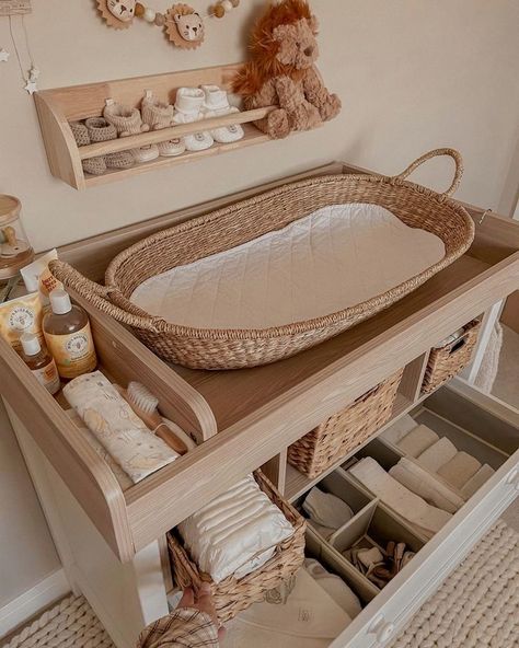 Small Nursery Neutral, Things For Nursery, Cute Neutral Nursery Ideas, Beige Nursery Aesthetic, Beige Neutral Nursery, Modern Nursery Room Design, Baby Rooms Changing Tables, Boho Toy Organization, Neutral Nursery Aesthetic