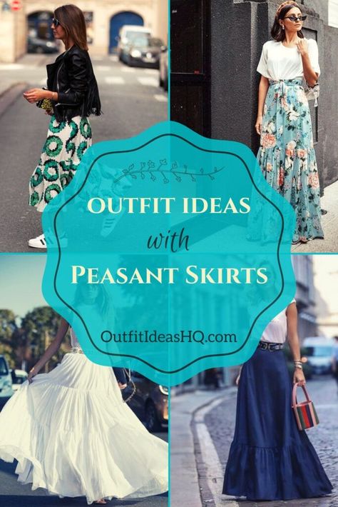 Also known as the gypsy skirt, peasant skirts are for those who love comfort bohemian. These skirts look fabulous when worn with the proper top and accessories. See these outfit ideas using solid and printed peasant skirts. - via OutfitIdeasHQ.com Peasant Skirt Outfit Ideas, White Peasant Skirt Outfit, Black Peasant Skirt Outfit, Peasant Style Long Flowy Skirt, Long Tiered Skirt Outfit, Relaxed Peasant Skirt For Summer, Spring Peasant Long Skirt, Spring Peasant Style Long Skirt, Bohemian Skirt Outfit