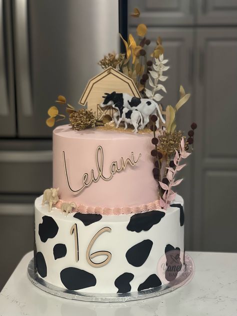 Two Cow Birthday, Cow Themed Birthday Cakes, Cowgirl Birthday Cakes For Women, Cow Print Sweet 16 Party Ideas, Boho Cow Cake, Cow Bday Cake, Cow 21st Birthday Cake, Boho Cow Birthday Party, Sweet 16 Party Ideas Cow Theme