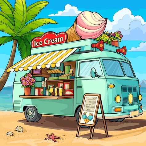 Van Drawing, Drawing Games For Kids, Ice Cream Cartoon, Zen Colors, Color Drawing Art, Ice Cream Van, Truck Paint, Detailed Coloring Pages, Oil Pastel Art