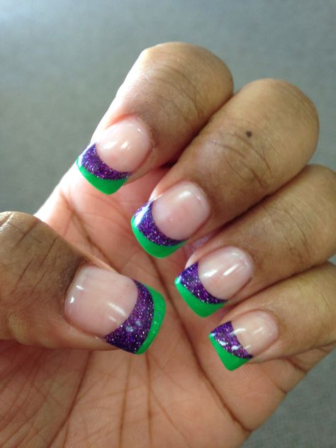 Green with sparkley purple :) Purple And Green Glitter Nails, Purple And Green Nail Art, Purple And Lime Green Nails, Green And Purple Nails Ideas, Green And Purple Nail Designs, Purple And Green Nails Acrylic, Purple And Green Nails Design, Purple Green Nails, Green Nails Fall