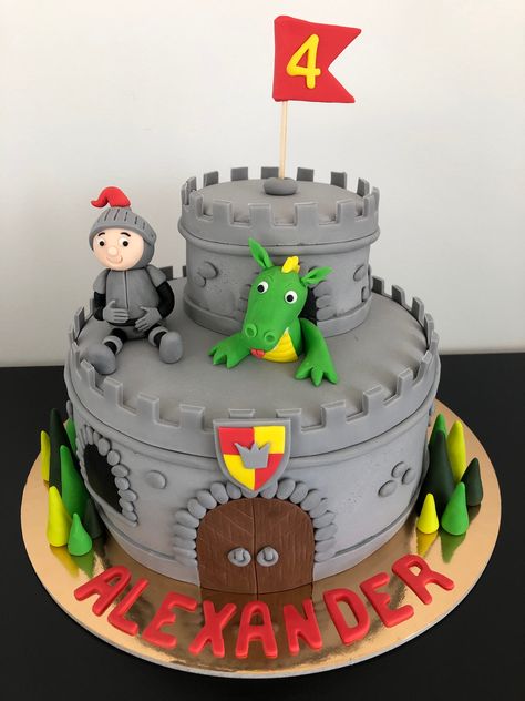 Carnival Birthday Cakes, Knight Cake, Dragon Birthday Cakes, Mike The Knight, Castle Birthday Cakes, Knight Birthday Party, Dragon Cake, 4th Birthday Cakes, Smash Cake Boy