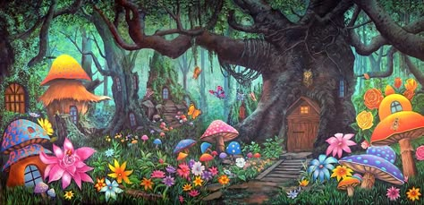 Child's Dreamland Scenic Backdrop Alice In Wonderland Mushroom, Theatre Backdrops, Psy Art, Stage Backdrop, Alice In Wonderland Party, Mushroom Art, Mad Hatter, Fantasy World, Monkeys