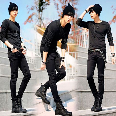 monochrome black skinny top and skinny jeans Black Slim Fit Jeans, Mode Poses, Superenge Jeans, Male Pose Reference, Mens Fashion Edgy, Hipster Mens Fashion, Standing Poses, Human Poses Reference, Poses References