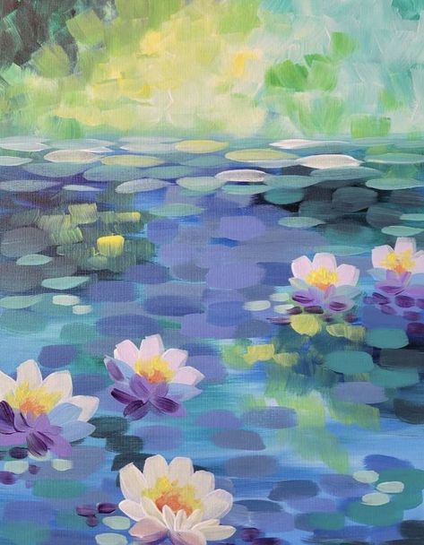 Aquatic Painting Ideas, Easy Monet Paintings, Water Lilies Painting Easy, Waterlilies Monet, Paint And Sip Ideas, Water Lilies Painting, Paint N Sip, Pinots Palette, Paint Night Ideas