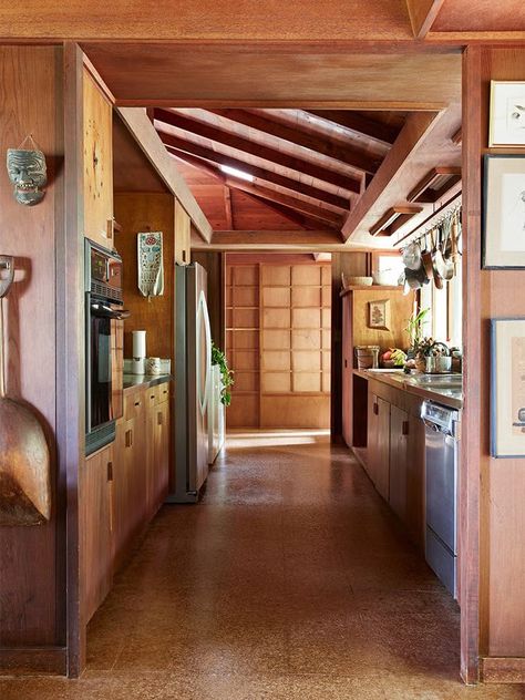 Midcentury Galley Kitchen, Mid Century Wood Paneling, Mid Century Modern Flooring, Dwell Kitchen, Modern Wood Kitchen, Geometric Tile Pattern, Paneled Walls, Mcm Kitchen, Hawaiian Homes