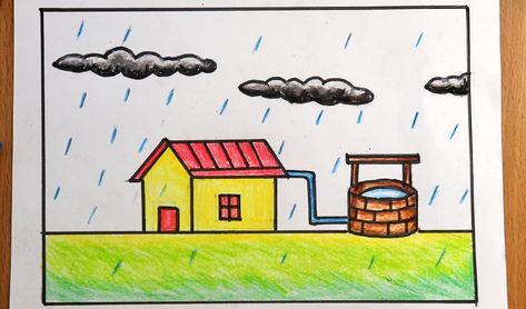 Rain water saving drawing | Rain water harvesting drawing | Rainwaterdrawing Rainwater Harvesting Drawing, Water Harvesting Drawing, Rain Water Harvesting Drawing, How To Draw Rain, Water Conservation Poster, Conservation Poster, Rain Drawing, Drawing Rain, Draw Scenery