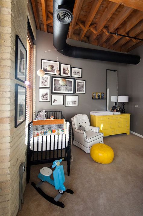 Pin for Later: 19 of the Hottest Decor Trends to Steal For Your Stylish Nursery Industrial Chic Industrial Nursery, Yellow Dresser, Nursery Pictures, Stylish Nursery, Nursery Modern, White Nursery, Wood Ceilings, Nursery Inspiration, Baby's Room