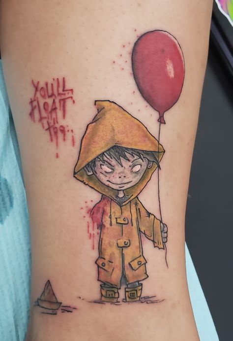 One of my favorite tattoos that I have 🎈😍 #it #youllfloattoo #georgie Georgie Tattoo It, You’ll Float Too Tattoo, Youll Float Too Tattoo, Horror Filler Tattoos, Stay Weird Tattoo Ideas, Original Pennywise Tattoo, Hell Raiser Tattoo, It Tattoo Stephen King, It Tattoo Ideas