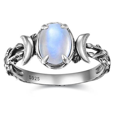 PRICES MAY VARY. Superior Quality: We prioritize quality and durability in our jewelry. Made with 925 sterling silver, this ring is hypoallergeni coxidized silver and resistant to tarnishing. The intricate craftsmanship ensures a long-lasting shine and comfortable fit, allowing you to enjoy this exquisite piece for years to come. Moonstone Elegance: The moonstone gemstone in this ring exudes a mesmerizing play of light, resembling the gentle glow of moonlight, adding a touch of ethereal beauty t Silver Moon Jewelry, Moon Rings, Moon Phase Ring, Mystical Animals, Moonstone Ring Sterling Silver, Witch Spell, Moonstone Stone, Triple Moon, Moon Ring