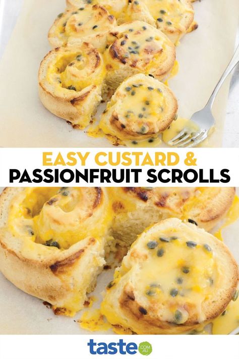 These super-easy scrolls filled with vanilla custard and passionfruit are the ultimate easy afternoon tea treat. Custard Buns, Easy Custard, Passionfruit Recipes, Deserts Easy, Family Baking, Sweet Treats Desserts, Custard Recipes, Best Sweets, Fruit Filling