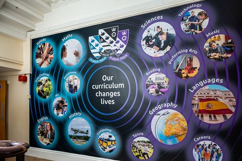 Wall Advertising Design, School Values Display Ideas, School Wall Design, Showcase Designs For Hall, Layout Picture, School Pictures Display, Usa School, School Exhibition, School Advertising