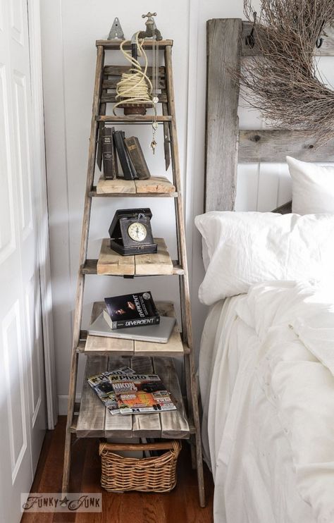 9 Cool And Unique Bedside Table Ideas • One Brick At A Time Bedside Table Ideas, Rustic Bedrooms, Rustic Master, Bedroom Rustic, Vintage Bedroom Decor, Vintage Ladder, Diy Rustic Home, Old Ladder, Rustic Bedroom Decor