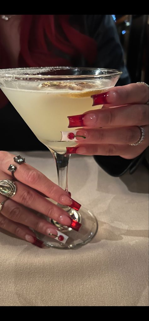 Nail inspo Martini Glass Nails, Martini Nail Art, Dr Pepper Nails, Casino Nail Art, Gambling Nail Designs, Dirty Martini Nails, Alcohol Nails, Diet Coke Nail Art, Casino Nails Designs