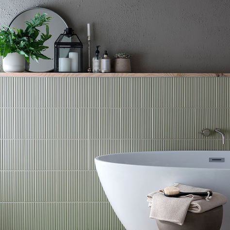 Topps Tiles on Instagram: “We're a huge fan of the reeded finishes trend and Flute is no exception. Which colour is your favourite, Sage, White or Terracotta? Want…” Sage Decor, 3d Structure, Green Tile Bathroom, Topps Tiles, Loft Bathroom, Downstairs Toilet, Fluted Glass, Toilet Design, Downstairs Bathroom