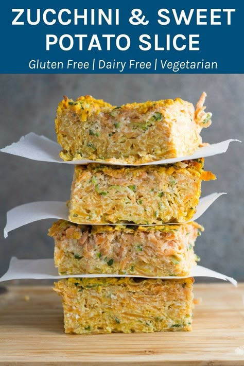 Make this gluten & dairy free zucchini & sweet potato slice in bulk so you have extra for the week. This slice tastes delicious either hot or cold #glutenfree #dairyfree #vegetarian #zucchini #sweetpotato | becomingness.com Savoury Slice, Vegetable Slice, Sweet Potato Slices, Zucchini Slice, Slices Recipes, Free Snacks, Thermomix Recipes, Light Recipes, Dairy Free Recipes