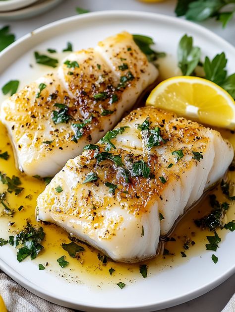 Golden Seared Cod with Herb Butter Sauce - Taste Of Recipe Cod And Green Beans, Salt Cod Recipes, Seabass Recipe, Herb Butter Sauce, Fish Dishes Recipes, Poached Cod, Seared Cod, Crusted Cod, Cod Dishes