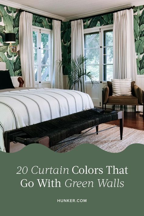 The color green is very versatile. It will look stunning with a wide variety of other shades. Here are the best color of curtains for your green walls. #hunkerhome #curtains #greenwalls #greenwallideas #curtainideas Green Bedroom Window Treatments, Curtains In Green Bedroom, Curtains To Go With Green Walls, Dark Green Walls Curtains, Curtains For Sage Green Bedroom, Curtains On Green Walls, Dark Green Room Curtains, Curtains That Go With Green Walls, Curtains In Green Room