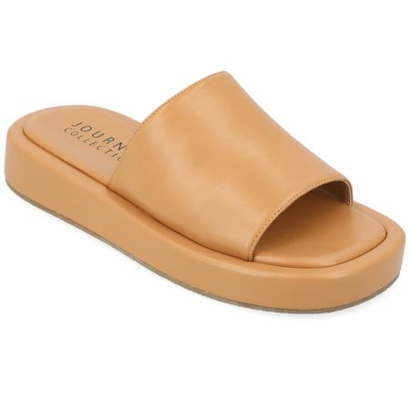 Our Denrie platform sandals from Journee Collection will be the perfect shoe for when you want to be comfy yet classy. With their luxe vegan leather, single band slide, and open round toe, you'll notice that extra boost to your confidence. The 4 mm Tru Comfort Foam insole and slip-on feature will make your feet feel like you're on cloud 9. Size: 11.  Color: Beige.  Gender: female.  Age Group: adult. Fashion Shoes Sandals, Flatform Sandals, Open Toed Heels, Buckle Shoes, Round Toe Heels, Cloud 9, Open Toe Sandals, Slides Shoes, Brown Sandals