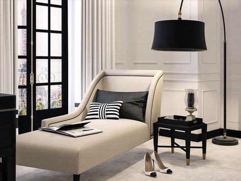 Coco Chanel Bedroom, Reception Interior Design, Chanel Bedroom, Reception Interior, Lounge Bench, Luxury Furniture Living Room, Apartment Living Room Design, Black And White Decor, Master Bedrooms Decor