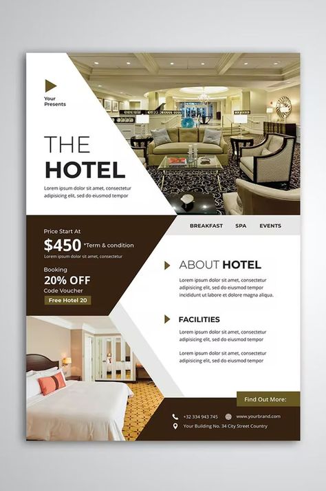 Hotel Flyer Template PSD Hotel Template Design, Hotel Pamphlet Design, Hotel Ads Design, Hotel Flyer Design, Hotel Brochure Design, Hotel Ads, Hotel Marketing, Brochure Design Layout, Flyers Design