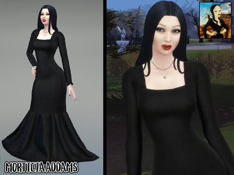 The Sims Resource - Morticia Addams Sims 4 Morticia Addams, Morticia Addams Dress, Addams Family Characters, Addams Family Morticia, Sims 4 Cc Goth, Witchy Dress, Clothes Cc, Sims Packs, Morticia Addams