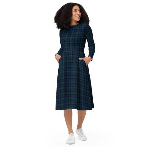 BLACK WATCH DRESS - Blackwatch Dress - Tartan Plaid Dress - Blue And Green Plaid Dress - Check Dress - Checkered Dress - Christmas Day Dress Long Sleeve Plaid Dress, Tartan Plaid Dress, Green Plaid Dress, Holiday Dresses Women, Blue Plaid Dress, Beautiful Silhouette, Checkered Dress, Smart Dress, Tartan Dress