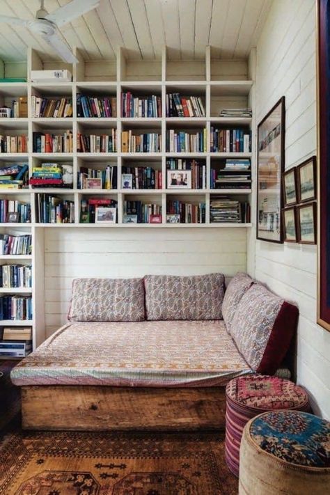 Looking to make the most of a small guest room? This charming space doubles as a cozy reading nook with built-in shelves and a comfy daybed. Discover how to create a welcoming retreat for your guests in our latest blog post. Click to read more! #GoTinySpace #SmallGuestRoom #GuestRoom Day Bed Library, Bed As Couch, Tiny Book Nook, Diy Day Bed, Bed Library, Country Style Magazine, Small Guest Room, Australian Country, Day Beds