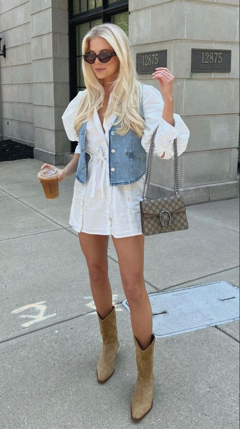 Country Casual Outfits Summer, Fashion Outfits With Cowboy Boots, Cold Cowboy Boots Outfit, Light Tan Cowboy Boots Outfit, Clean Cowgirl Aesthetic, Nashville Outfits Dress, Tall Cowboy Boots Outfit Summer, City Western Outfit, Boutique Owner Outfits