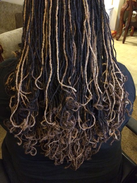 Brown Locs With Blonde Highlights, Micro Locs Dyed, Sister Locs Dyed, Locs With Blonde Highlights, Highlights On Locs, Brown And Blonde Locs, Dyed Sisterlocks, Blonde Sisterlocks, Skunk Stripe Locs