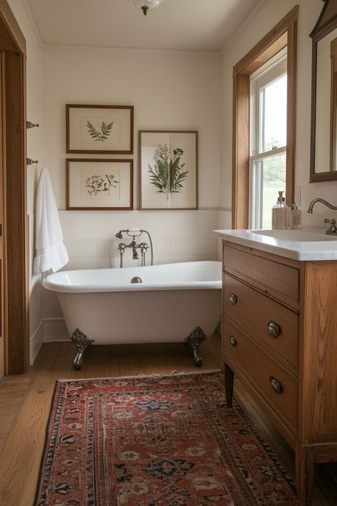 Create a More Elegant Bathroom with a Few Quick Decor Changes – Everyday Inspo Bathroom Decor Vintage Modern, One Bathroom House Ideas, Bathroom Decor Inspo Aesthetic, Cozy Home Aesthetic Bathroom, Colonial Modern Bathroom, Owner Bathroom Ideas, Cozy White Bathroom, Bathroom English Cottage, Cozy Cottage Bathroom Ideas