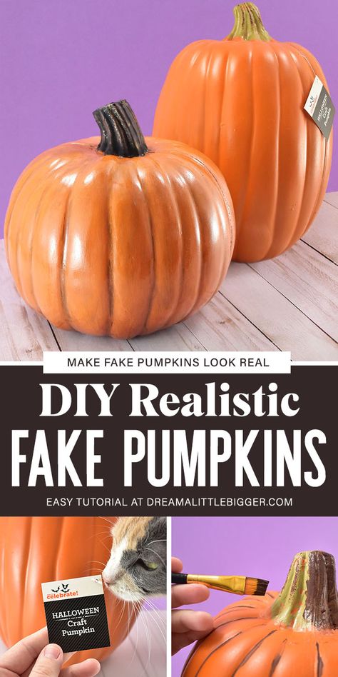 Painting Foam Pumpkin Ideas, Fake Pumpkin Decorating Diy, How To Make Fake Pumpkins Look Real, Fake Pumpkin Decorating Ideas, Plastic Pumpkins Makeover, Pumpkin Topiary Diy, Craft Pumpkins, Real Fake, Harvest Fest