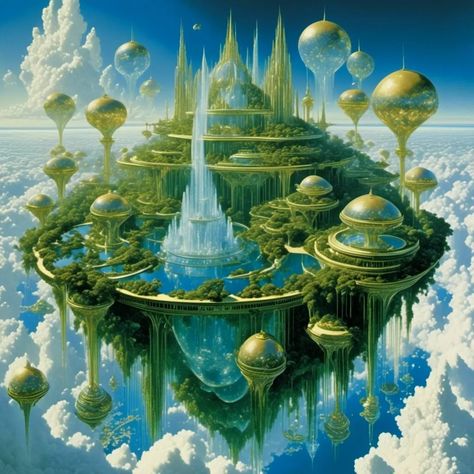 a beautiful magical island floating in the sky with a futuristic city with inspired fantastical futuristic architecture with pearlescent and... - AI Generated Artwork - NightCafe Creator Floating City Fantasy Art, Floating Islands Fantasy Art, Futuristic Island, Magical Fountain, Floating In The Sky, Fantasy Scenery, Dreamscape Architecture, Vision Board Pics, Magical Island