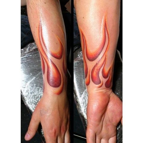 Flaming Arm Tattoo (lower arm + wrist) | Shared by LION | Merle |... ❤ liked on Polyvore featuring accessories and body art Flames Tattoo, Fire Fighter Tattoos, Biker Tattoos, Flame Tattoos, Fire Tattoo, Sweet Tattoos, 3d Tattoo, Best Sleeve Tattoos, Tattoo Designs And Meanings