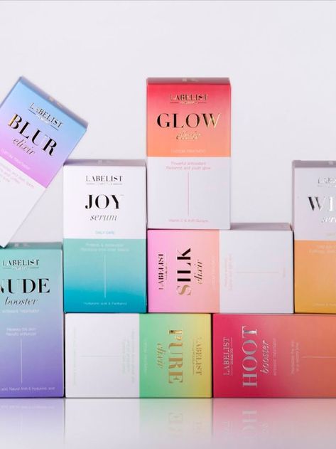 pastel colors packaging design Current Graphic Design Trends, Cosmetic Line, Lip Gloss Cosmetics, Minimalist Graphic Design, Packaging Design Trends, Perfume Box, Cosmetic Packaging Design, Cosmetic Box, Graphic Design Trends