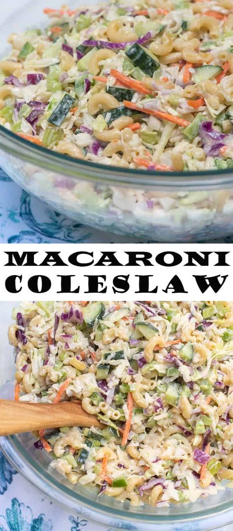 Macaroni Coleslaw Salad Taste Of Home, Coleslaw Mix Salad, Pasta Salad With Cabbage, Coleslaw Pasta Salad Recipe, Pasta Coleslaw Salad, Coleslaw Mix Ideas, Pasta Salad With Coleslaw, Macaroni Coleslaw Salad, Pasta Coleslaw