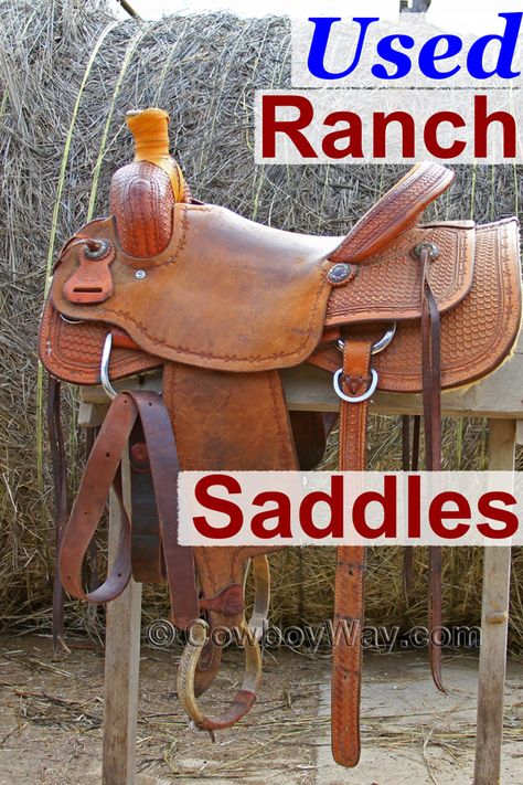 Used ranch saddles for sale. Good selection of different types of ranch saddles that are used or "pre-owned." A “ranch saddle” is a type of Western saddle built for long hours of riding, durability, and roping. Types Of Saddles, Horse Tack Western, Ranch Saddle, Used Saddles For Sale, Trick Riding Saddle, Beautiful Western Saddles, Western Saddles For Sale, Western Saddles On Horses, Parts Of A Western Saddle